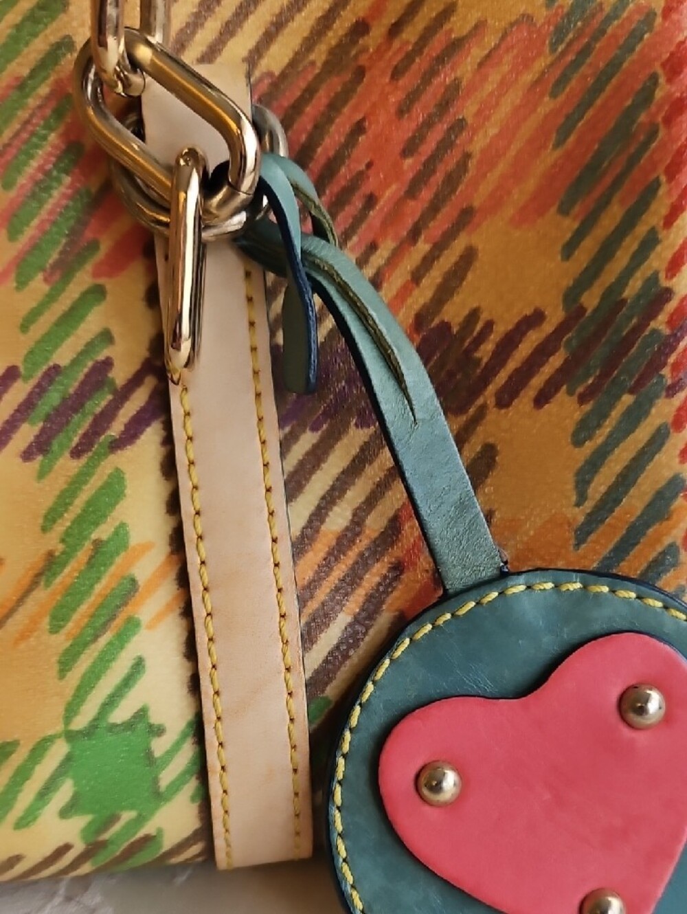 Dooney & Bourke Multicolor Plaid Satchel with Teal Trim and Pink Heart Charm - Picture 5 of 13
